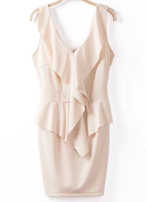 Shein Apricot V Neck Sleeveless Ruffle Bodycon Dress