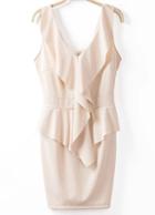 Shein Apricot V Neck Sleeveless Ruffle Bodycon Dress