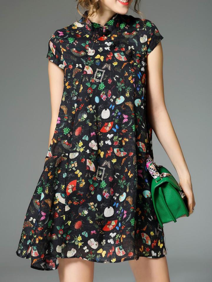 Shein Black Collar Floral Shift Dress