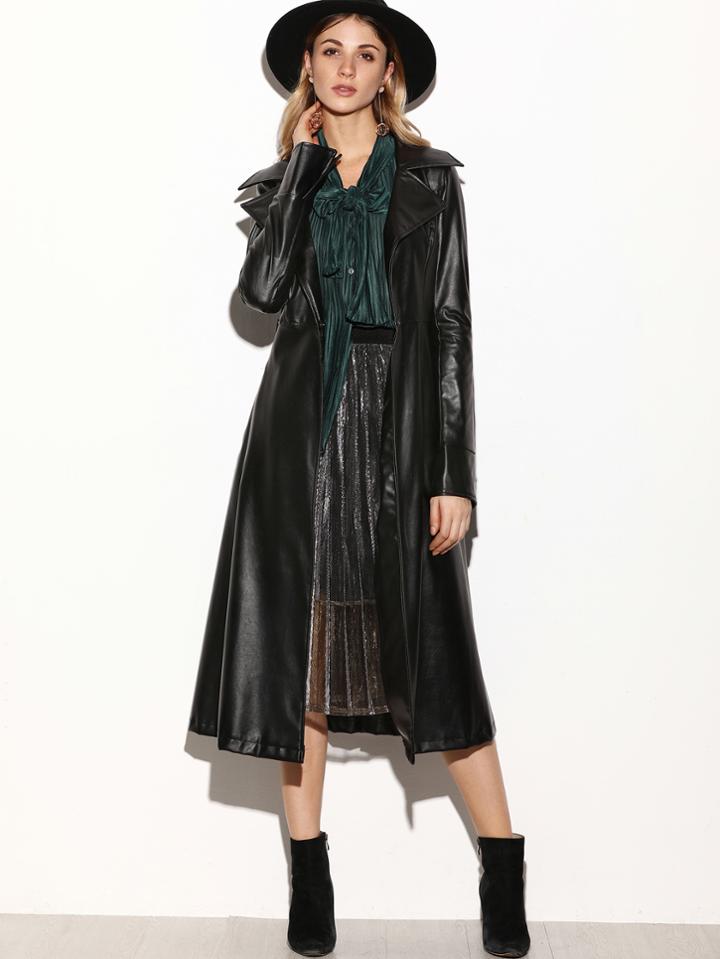 Shein Black Bell Sleeve Pu Belt Long Coat