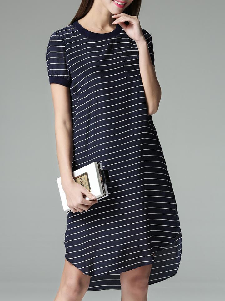 Shein Navy Crew Neck Striped High Low Dress