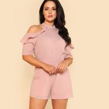 Shein Plus Crinkle Ruffle Cold Shoulder Halter Romper