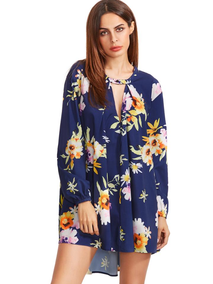 Shein Navy Cut Out Front Floral Dress