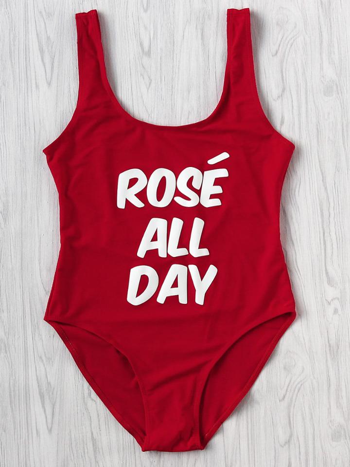 Shein Slogan Print Scoop Neck Swimsuit