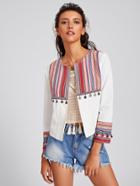 Shein Coin Fringe Trim Striped Yoke And Cuff Jacket