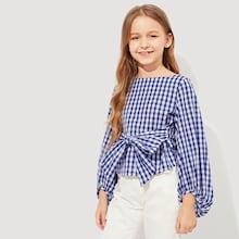 Shein Girls Bishop Sleeve Gingham Top