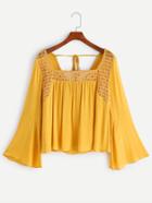 Shein Yellow Bell Sleeve Crochet Insert Tie Back Top