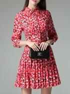 Shein Red Lapel Floral Pleated A-line Dress