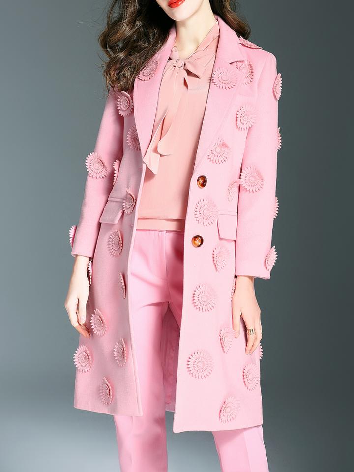 Shein Pink Lapel Flowers Applique Pockets Coat