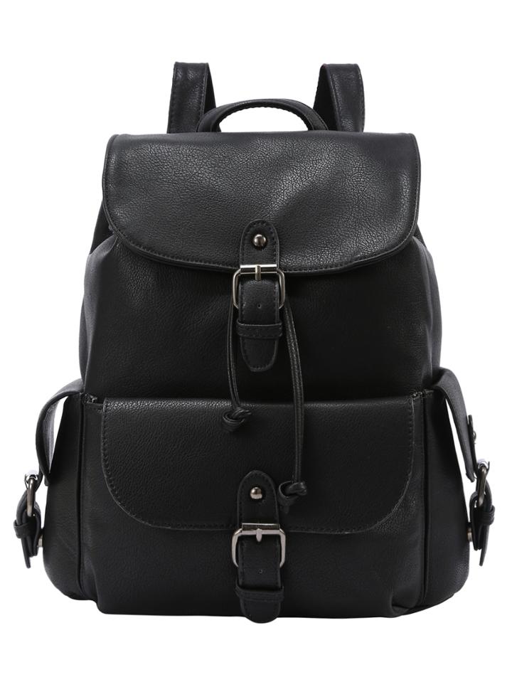 Shein Buckled Flap Drawstring Backpack - Black