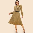 Shein Ruffle Trim Plaid Shirt & Pleated Skirt Set
