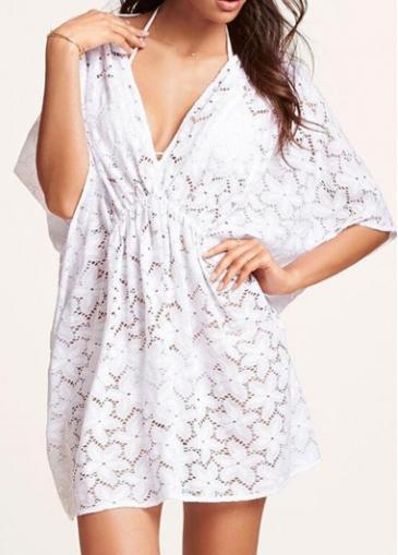 Rosewe Pretty V Neck Half Sleeve White Dress For Woman