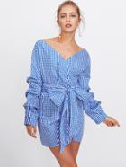 Shein Ruched Sleeve Bow Tie Gingham Dress