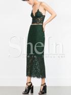 Shein Dark Green Spaghetti Strap Lace Crop With Sheath Skirt