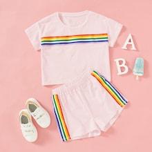Shein Girls Rainbow Striped Print Top & Shorts Set