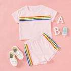 Shein Girls Rainbow Striped Print Top & Shorts Set