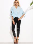 Shein Light Blue V Neck Tie Sleeve Twist Front Blouse