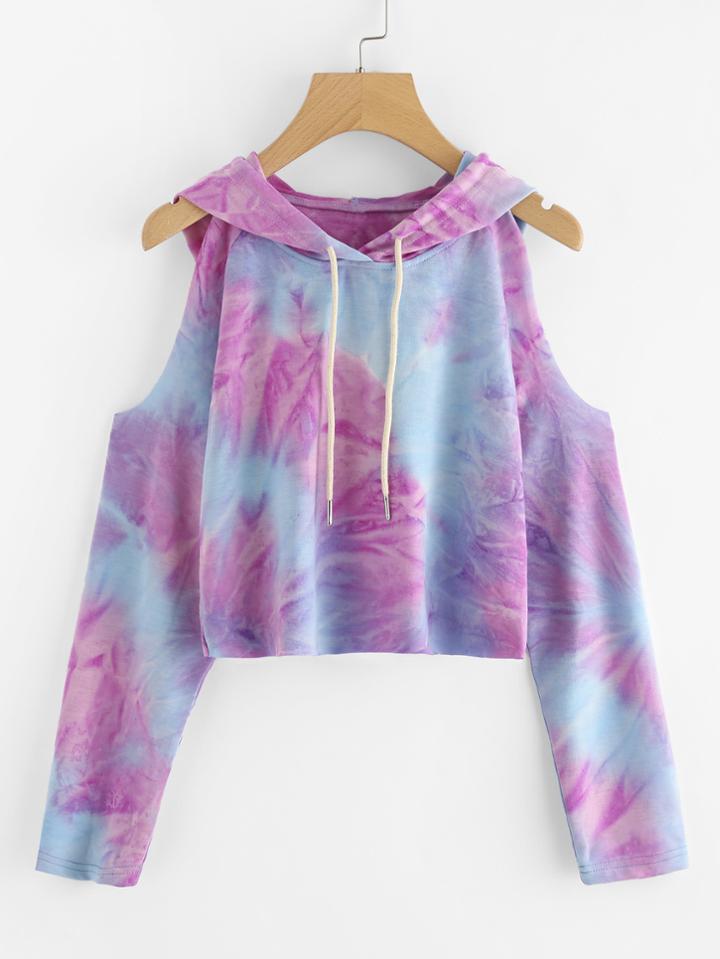 Shein Tie Dye Open Shoulder Crop Hooded Tee