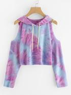 Shein Tie Dye Open Shoulder Crop Hooded Tee