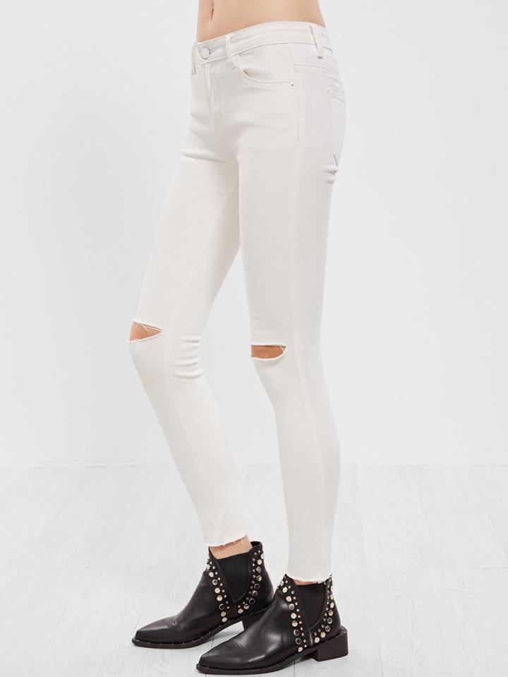 Shein White Knee Ripped Skinny Jeans