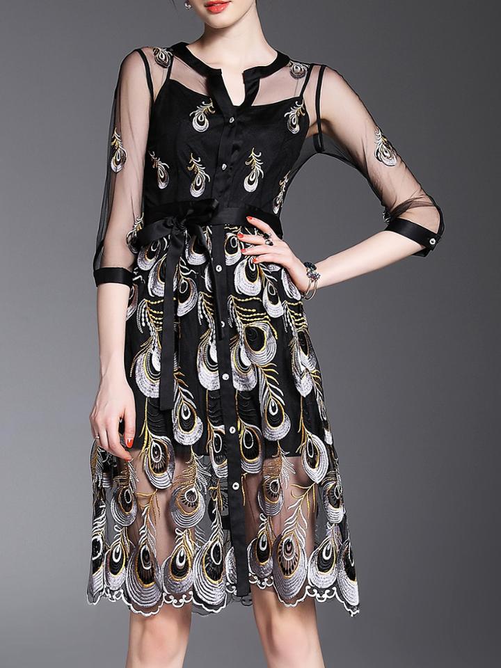 Shein V Neck Feathers Embroidered Sheer Dress