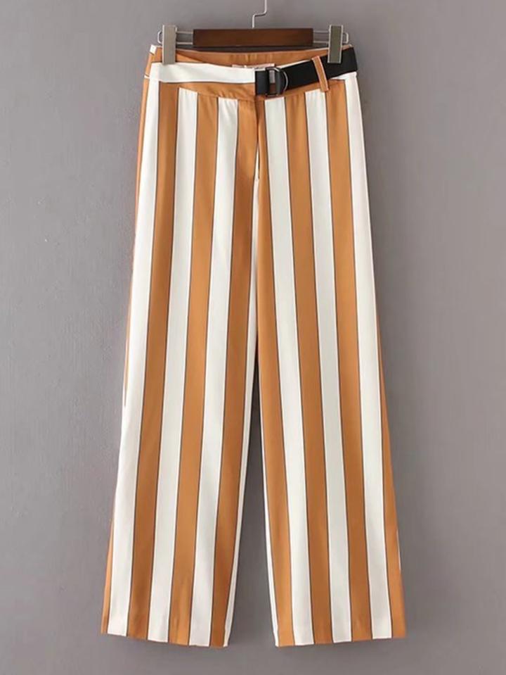 Shein Block Striped Ring Belt Straight Pants
