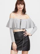 Shein Grey Off The Shoulder Ruffle Zipper T-shirt