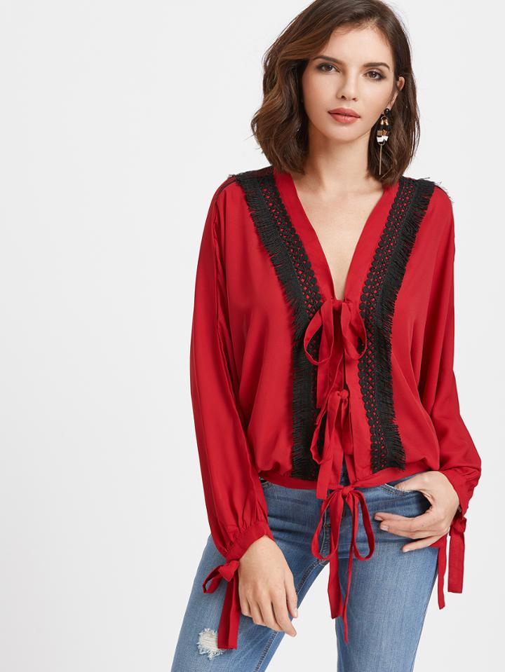 Shein Red Contrast Crochet Trim Tie Detail Slit Back Blouse