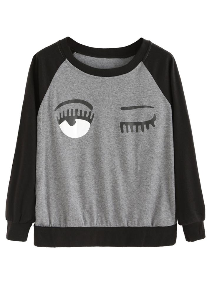 Shein Contrast Raglan Sleeve Eyes Print Sweatshirt