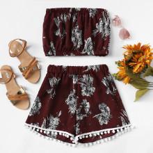 Shein Florals Bandeau Top With Pom Pom Hem Shorts