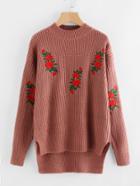 Shein Brick Red Embroidered High Low Chunky Knit Sweater