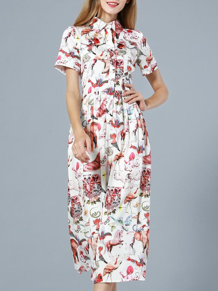 Shein White Lapel Animals A-line Dress