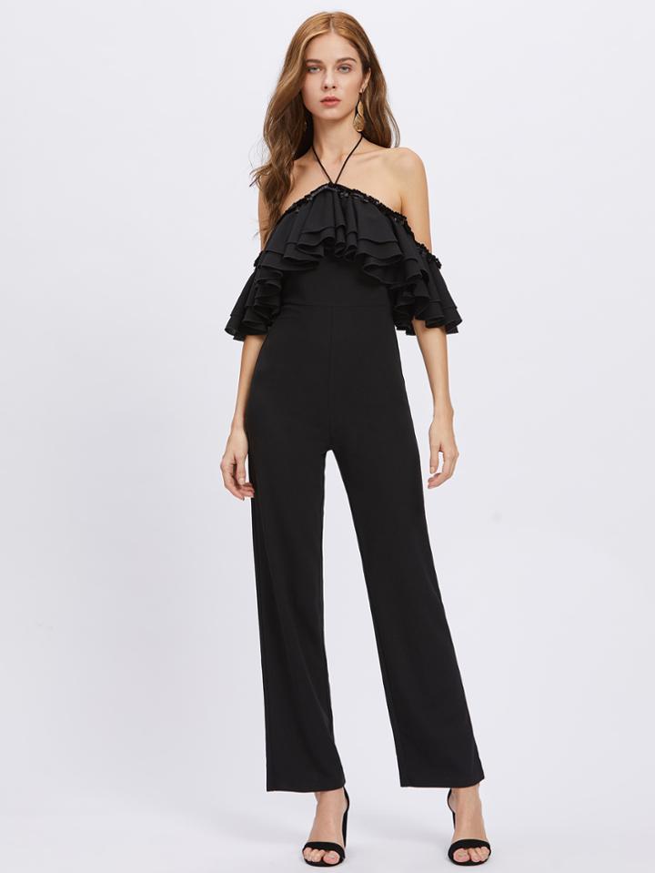 Shein Sequin Detail Layered Flounce Trim Halter Jumpsuit