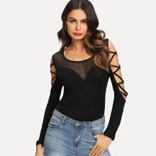 Shein Criss Cross Side Mesh Contrast Top