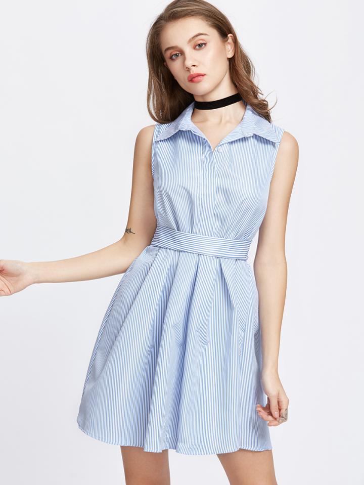 Shein Blue Vertical Striped Bow Tie Back Shirt Dress