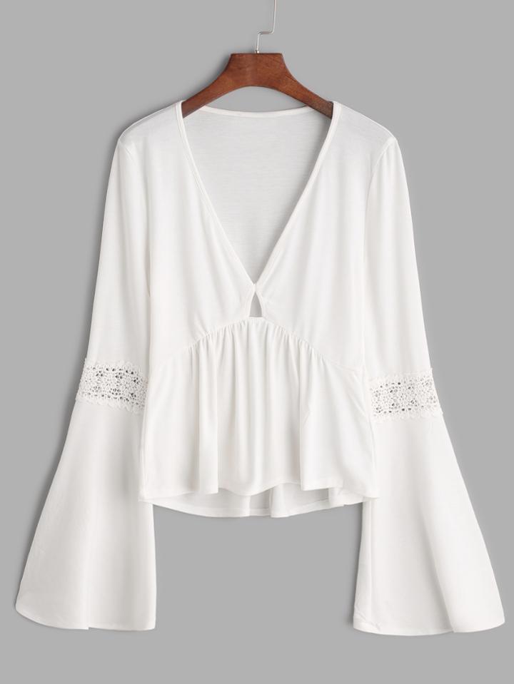 Shein White V Neck Bell Sleeve Crochet Insert Peplum T-shirt