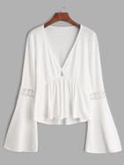 Shein White V Neck Bell Sleeve Crochet Insert Peplum T-shirt