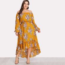 Shein Plus Lantern Sleeve Ruffle Dip Hem Bardot Dress
