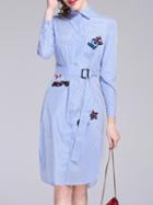 Shein Blue Lapel Belted Applique Pouf Striped Dress
