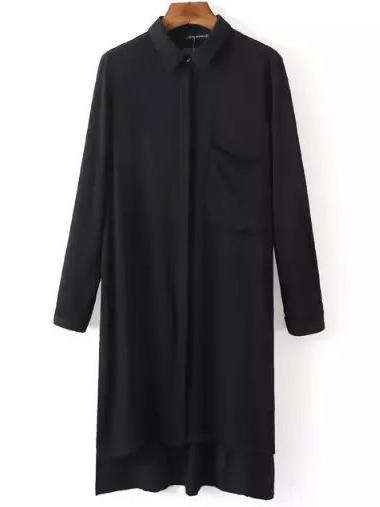 Shein Black Pocket Split Dip Hem Blouse