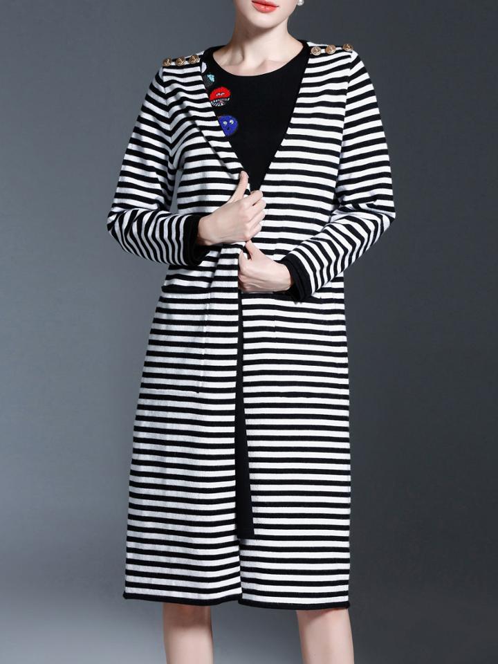 Shein Black White V Neck Striped Pockets Cardigan