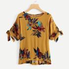 Shein Flower Print Tie Cuff Blouse