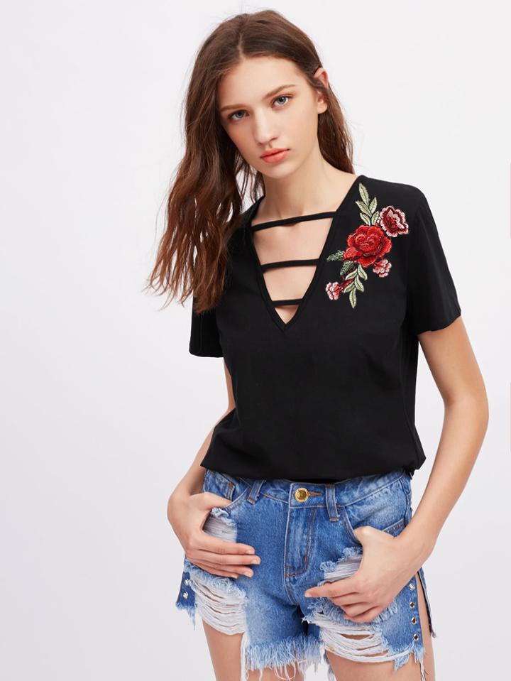 Shein Strappy V-neckline Embroidered Tee