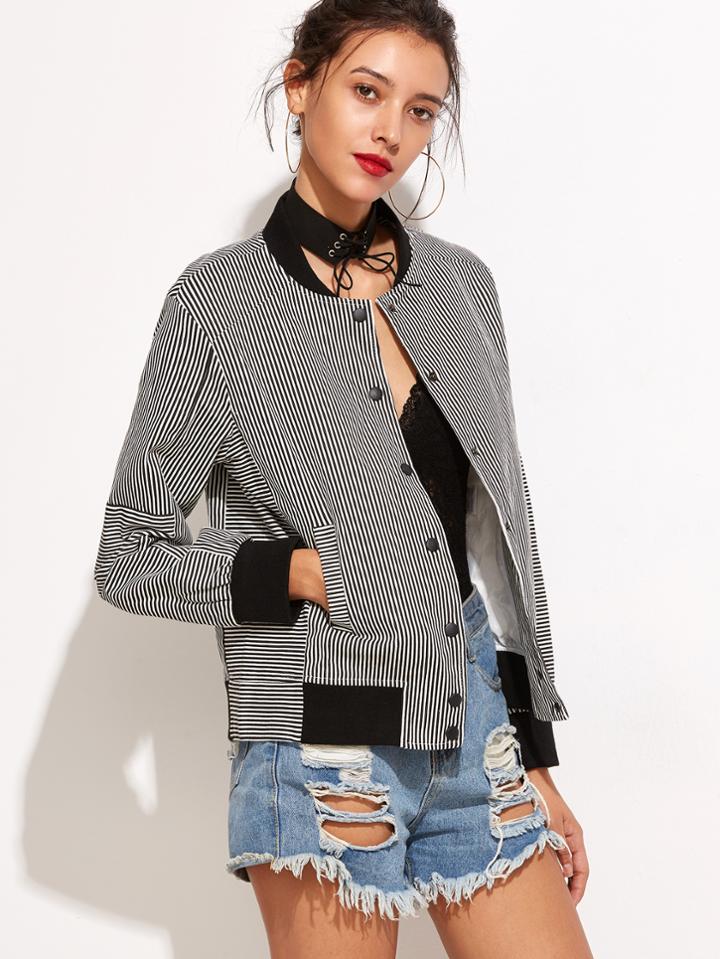 Shein Contrast Trim Striped Single Breasted Jacket