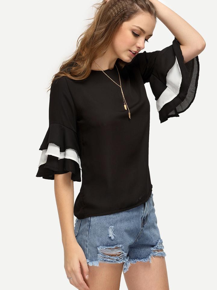 Shein Ruffle Bell Sleeve Keyhole Back Top