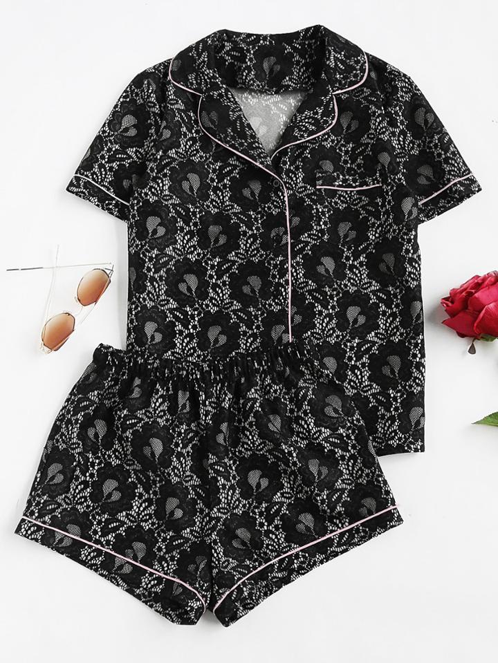 Shein Contrast Piping Lace Shirt & Shorts Pajama Set