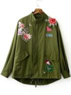 Shein Army Green Embroidery Drawstring Coat With Zipper