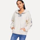 Shein Letter Print Teddy Hooded Sweatshirt