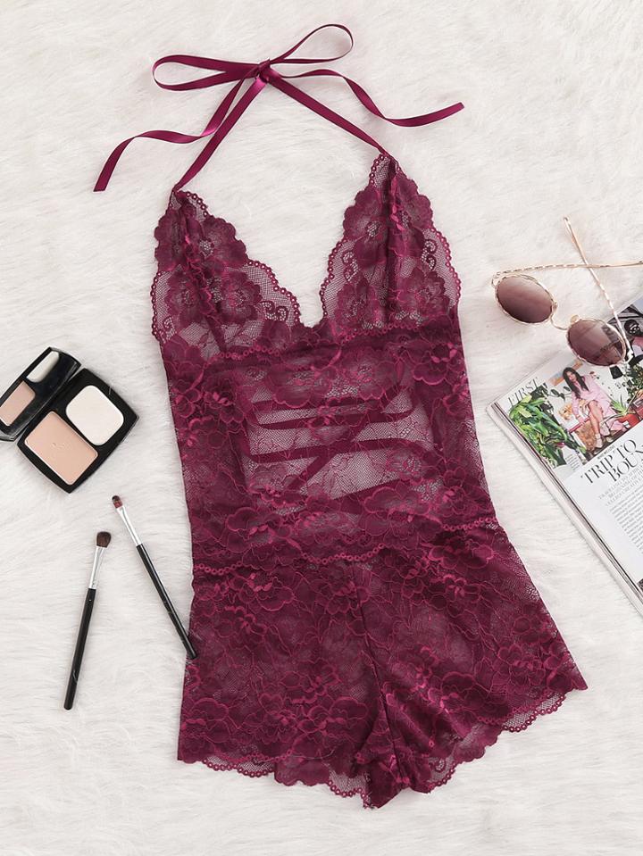 Shein Tie Up Back Halter Neck Lace Sleep Romper