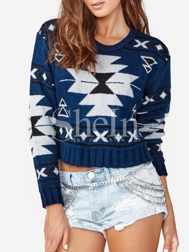 Shein Round Neck Geometric Print Crop Chunky Sweater